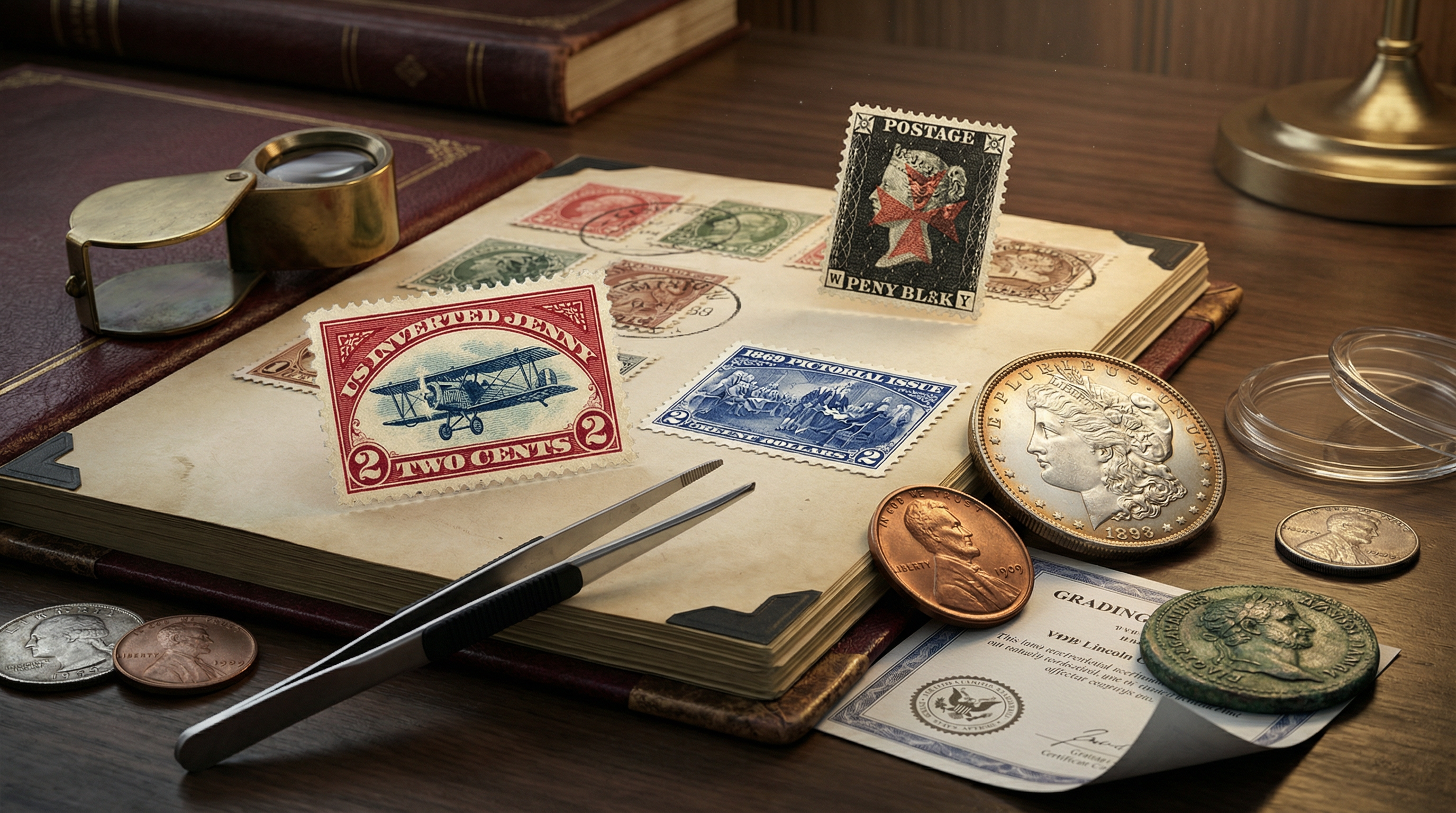 Rare collectible stamps and coins